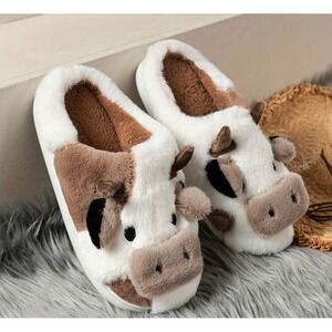 Womens Cow Print Plush Slippers Fuzzy Animal House Shoes White Brown